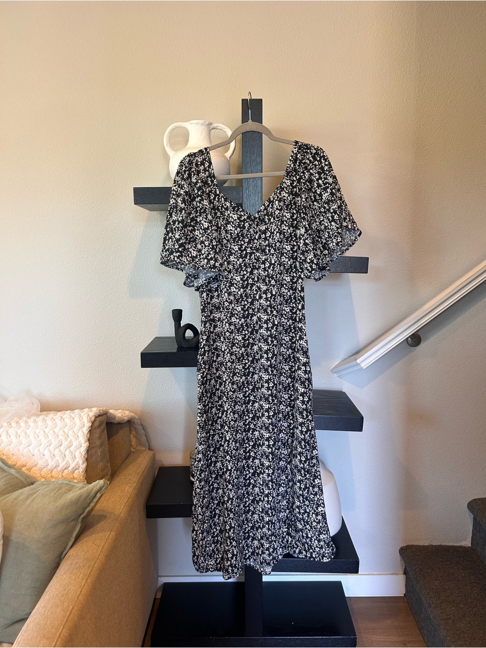 Black and White Floral V-Neck Midi Dress with Flutter Sleeves
